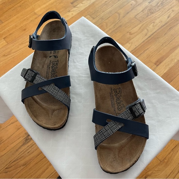 Women’s Birkenstock Birki’s Lillie Blue Plaid Sandals Size 38 50 245 L7 M5 - Picture 1 of 11